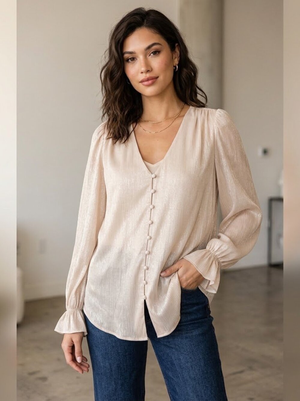 1. State Tan Puff Sleeve Blouse with Ruffled Buttoned Details